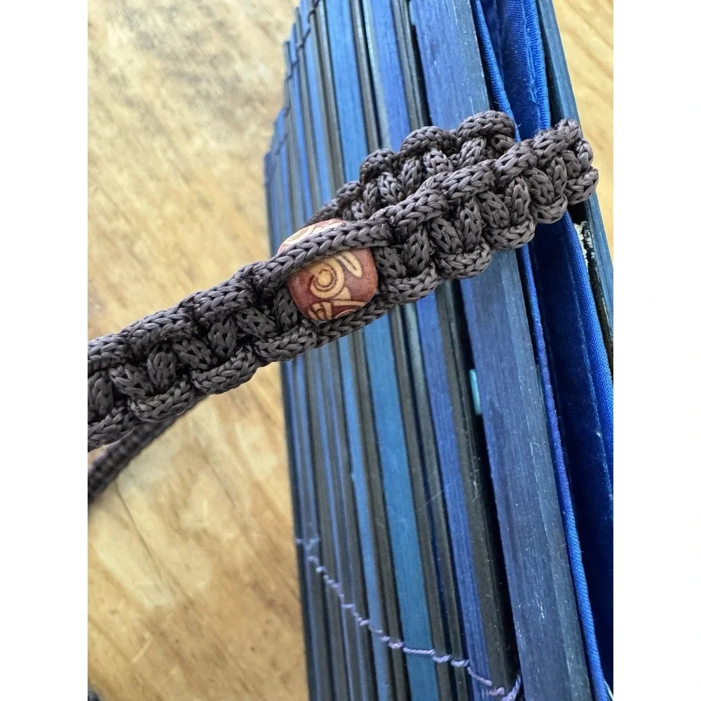 Handmade Indigo Woven Bamboo Tote Bag Boho Artisan Lined Wooden Beads